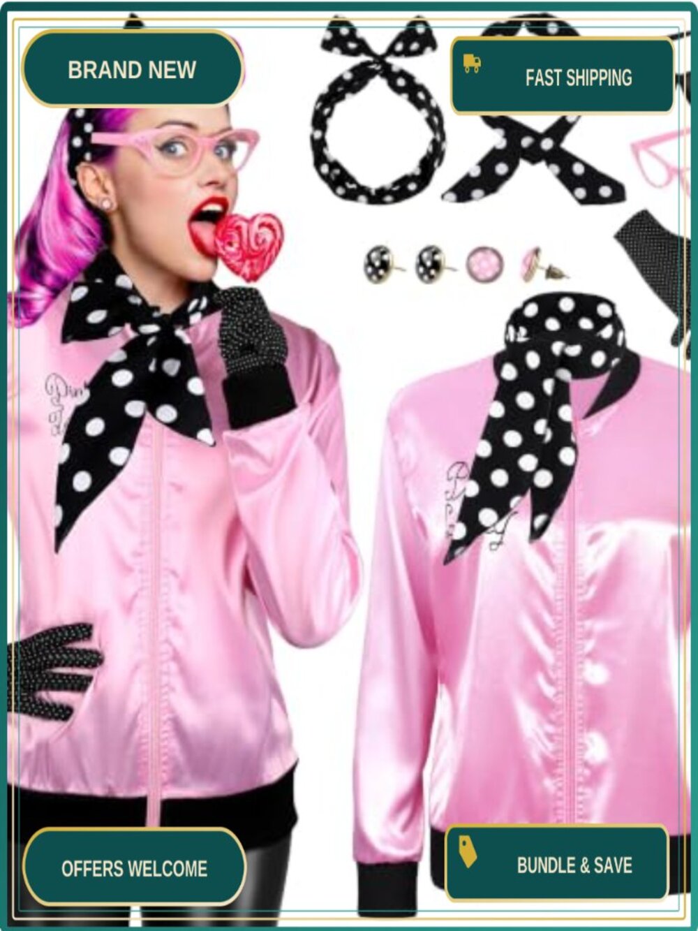 1950s Satin Jacket Polka Dot Scarf Costume 8 Piece Set